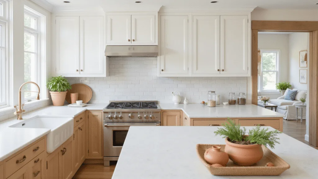 "Modern farmhouse kitchen with white and honey oak cabinets, marble countertops, and natural light illuminating ceramic vessels and terracotta herb pots"