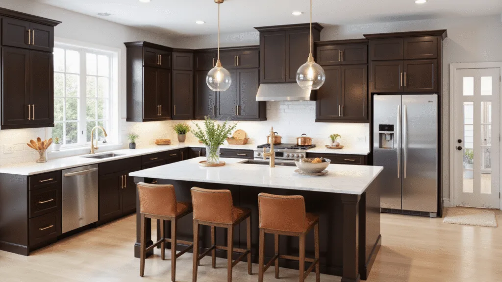 "Modern kitchen with espresso cabinets, Carrara marble countertops, and sunlit windows"