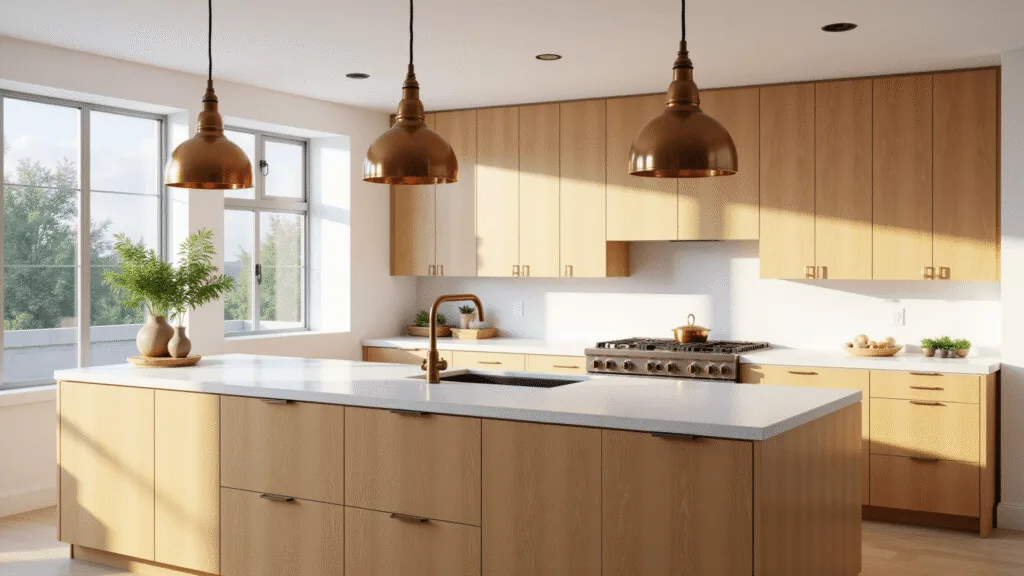 "Modern kitchen with light brown shaker cabinets, white quartz countertops, brass pendant lights, and large windows allowing natural sunlight"