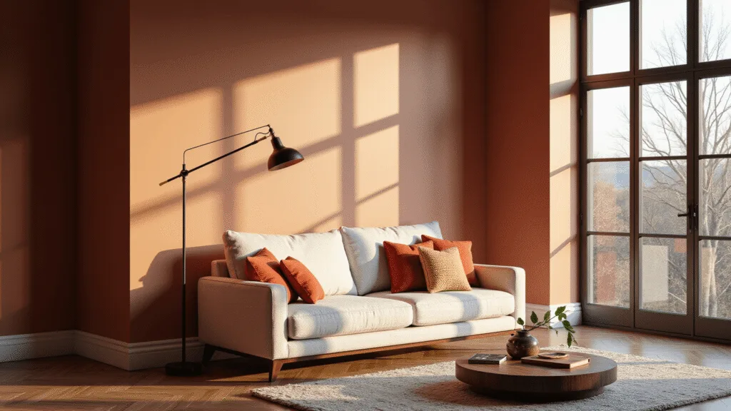 "Sunlit modern living room with terracotta walls, ivory bouclé sofa, oak herringbone floor, black metal lamp and organic decor in warm golden hour lighting"