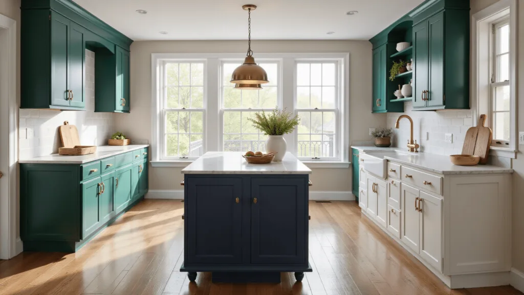 "Luxury kitchen interior with multi-colored cabinets, marble countertops, pendant lights, and accessories, bathed in natural light"