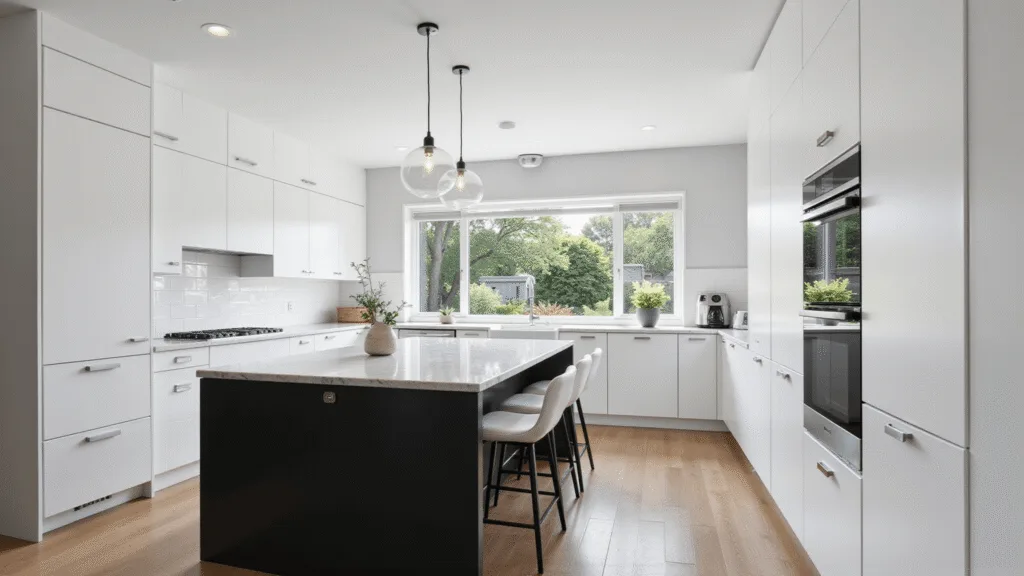 "Sunlit modern luxury kitchen with white gloss cabinets, black island, marble countertops, and pendant lights"