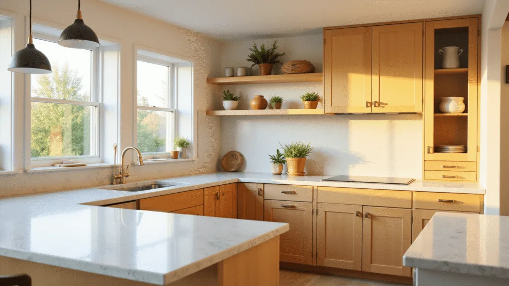 "Light maple kitchen with brass hardware, marble countertops and morning sunlight"
