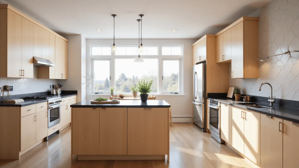 "Spacious modern kitchen with natural maple cabinets, black quartz countertops, stainless steel appliances, and minimalist pendant lights"