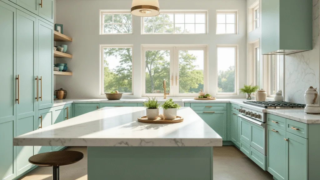 "Modern kitchen with mint green cabinets, marble countertops, brass hardware, and sunlight streaming through large windows"