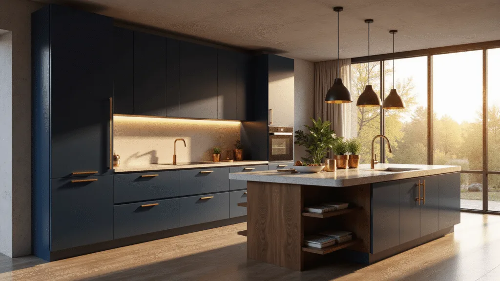 "Modern luxurious kitchen with navy cabinets, walnut island, quartzite countertops, and golden hour sunlight streaming through floor-to-ceiling windows"