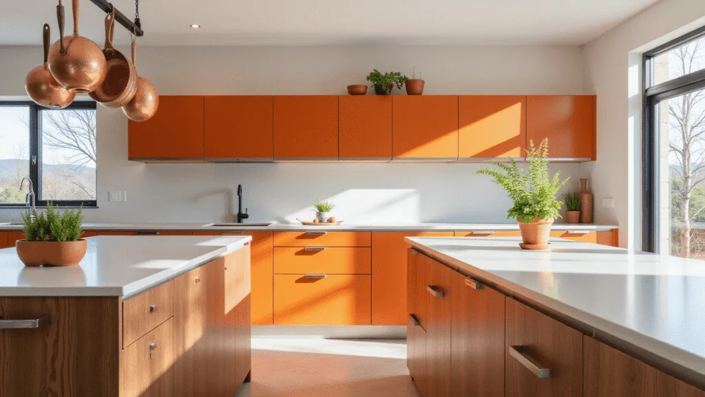 "Modern kitchen with orange cabinets, white quartz countertops, walnut wood island, and copper cookware illuminated by natural sunlight"