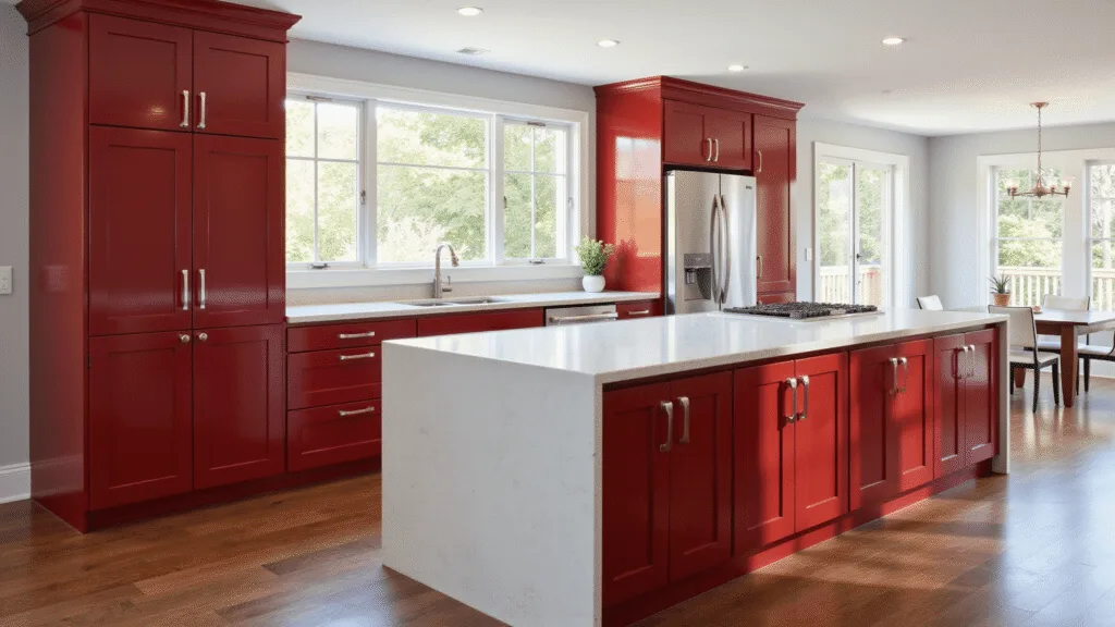 "Modern kitchen with cherry red cabinets, white quartz countertops, waterfall island, and stainless steel appliances bathed in morning sunlight."