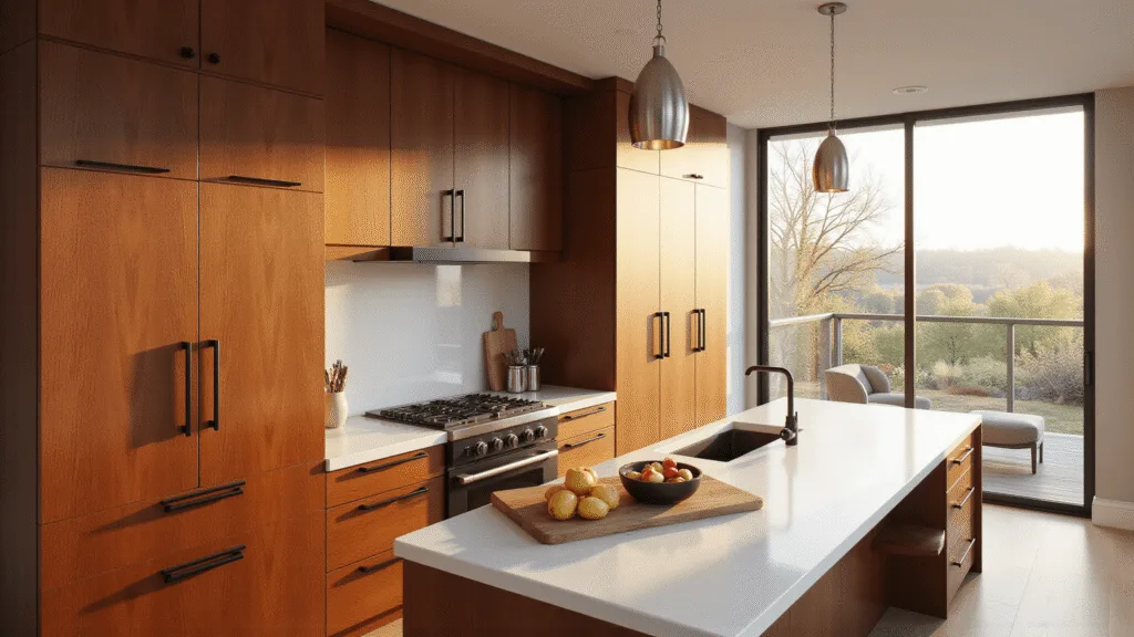 "Modern kitchen interior with red oak cabinets, white quartz island, and warm sunlight"