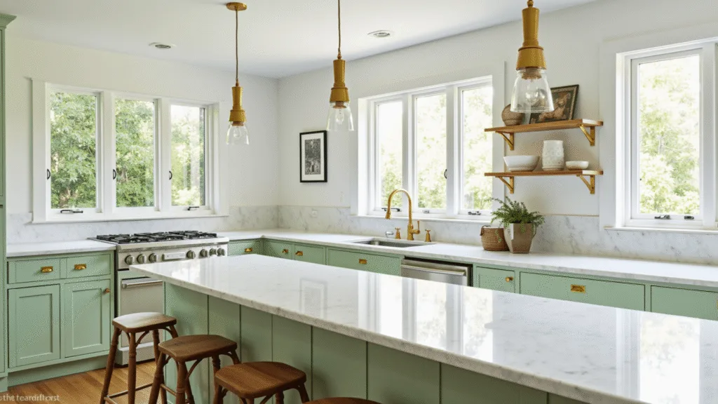 "Modern minimalist kitchen with sage-green cabinets, marble countertops, brass pendant lights, and vintage copper accents, bathed in natural sunlight"
