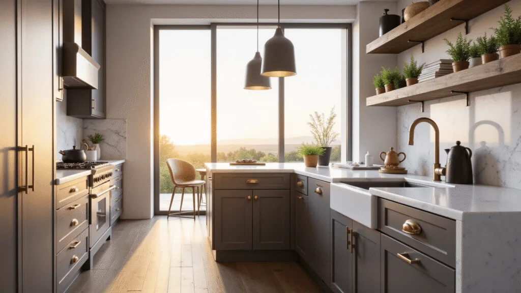 "Modern taupe kitchen with white quartz countertops and brass hardware under warm sunset lighting"