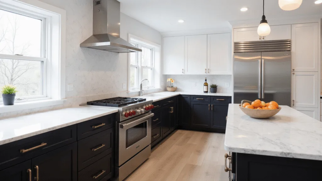 "Modern kitchen with black lower and white upper cabinets, marble countertops, brass hardware, and natural sunlight streaming in for a clean, minimalist look"