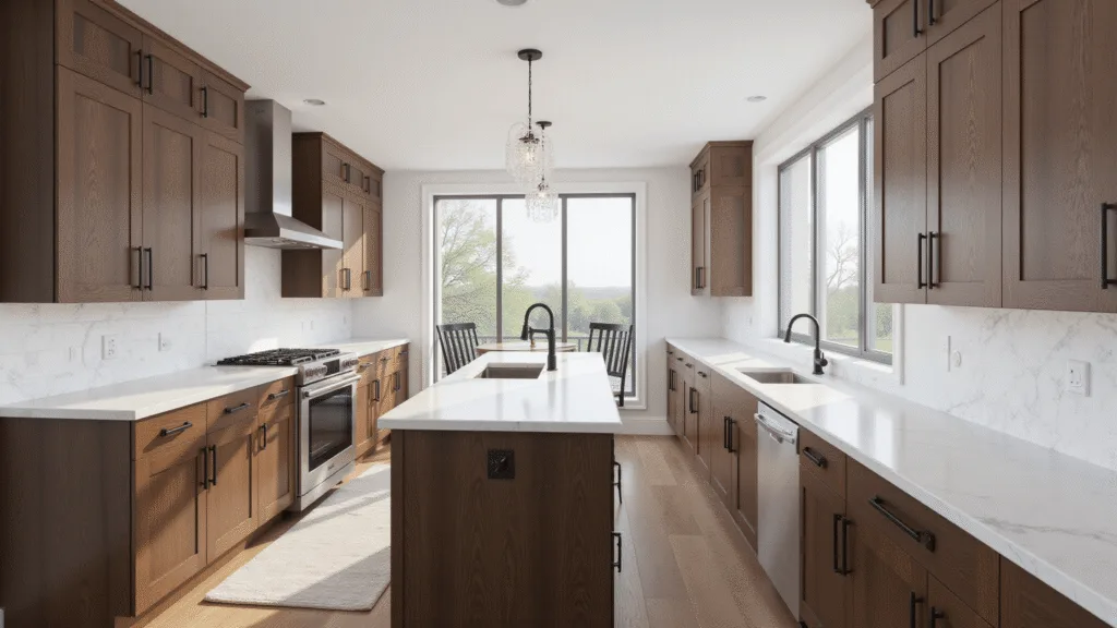 "Modern walnut kitchen with white marble countertops and natural light streaming through large windows"