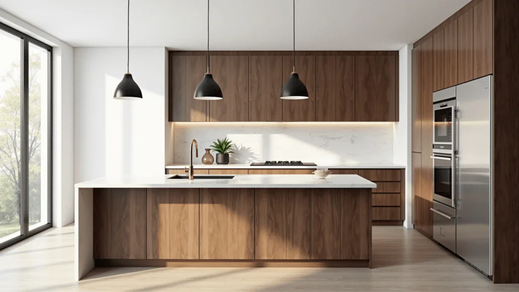 "Modern walnut kitchen with sunlit quartz island and brass accents"