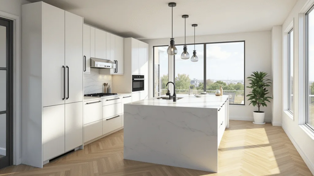 "Sunlit modern minimalistic kitchen with white cabinets, quartz island, and oak herringbone floors"