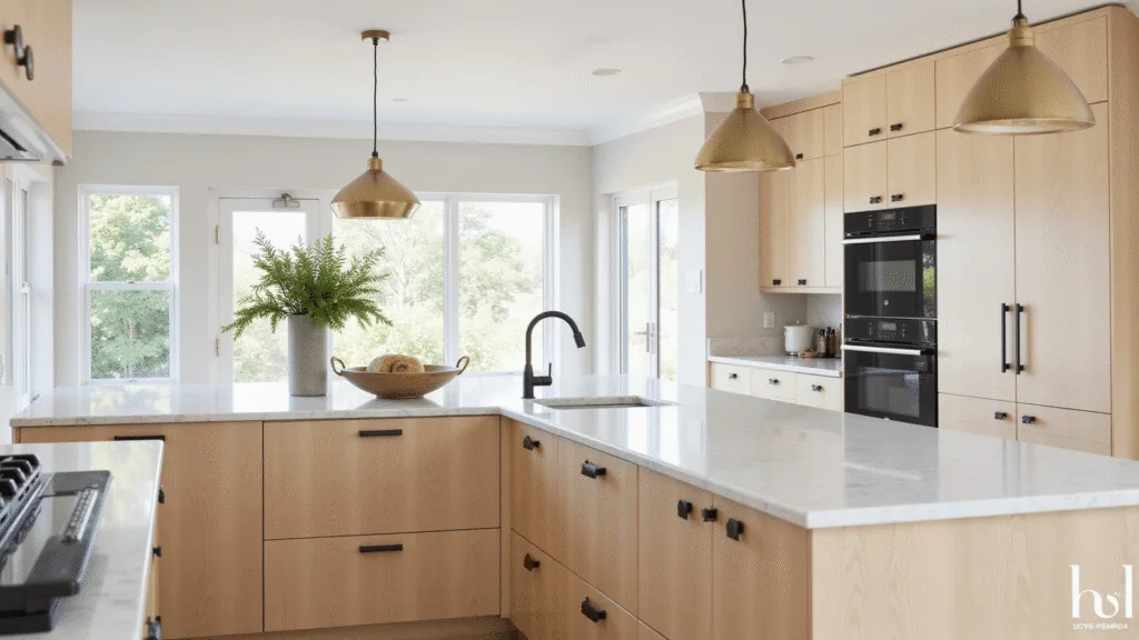 "Modern kitchen with white oak cabinets, marble countertops, brass pendant lights and floor-to-ceiling windows"