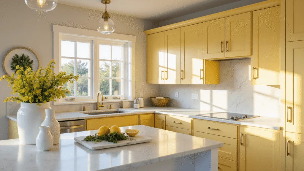 "Modern kitchen with butter yellow cabinets, white marble countertops and brass hardware bathed in golden hour sunlight"