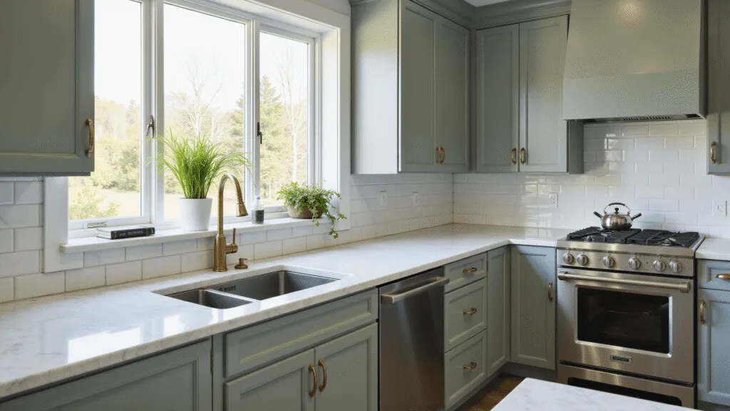 "Sophisticated kitchen with pewter green cabinets, marble countertops, brass hardware, subway tile backsplash, and stainless steel appliances in natural morning light"