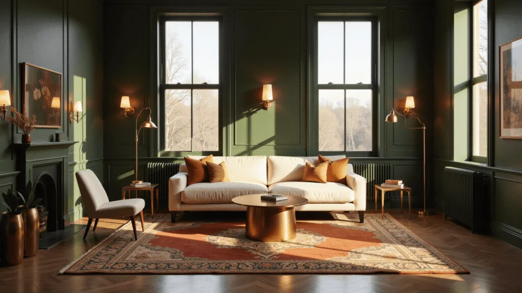 2025 Interior Design Trends: Creating Spaces with Soul and Character "Sunlit sophisticated living room with forest green walls, cream bouclé sofa, brass accents, vintage Persian rug, and layered lighting during golden hour"
