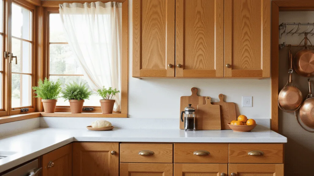 "Sunlit kitchen with honey oak cabinets, white quartz countertops, and fresh herbs on windowsill"