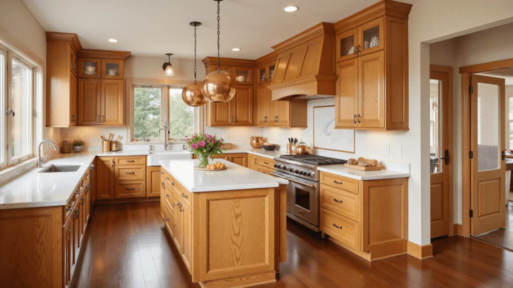 "Traditional kitchen with natural oak cabinets, white marble countertops, and copper accents bathed in warm morning light."