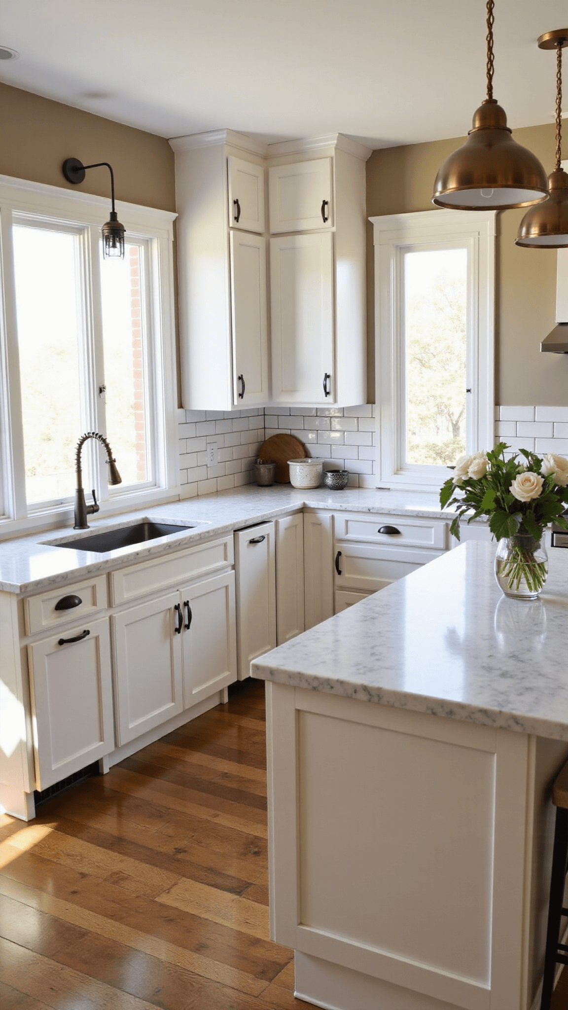 Sophisticated off-white kitchen with shaker-style cabinets, Calacatta marble countertops, brass pendant lights over a waterfall-edge island, whitewashed oak floors, and artisanal ceramics, bathed in warm sunlight with soft ambient lighting