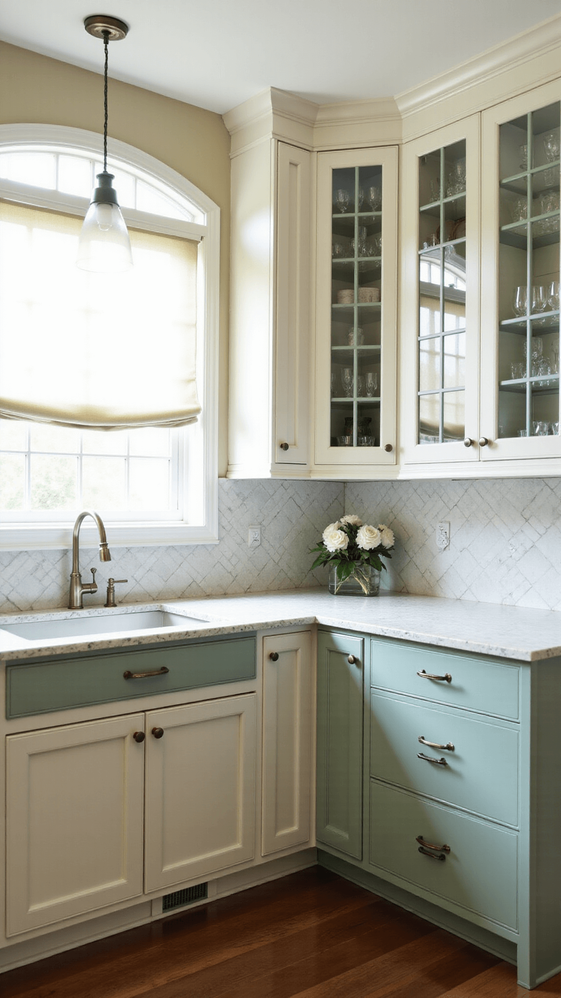 Spacious transitional kitchen with morning light filtering through Roman shades, off-white 'Alabaster' cabinets, a sage green island, and a herringbone marble backsplash. Crystal stemware is visible in glass-front upper cabinets, under vintage-inspired pendant lights. Shot from a 45-degree corner angle highlighting the architecture and texture.