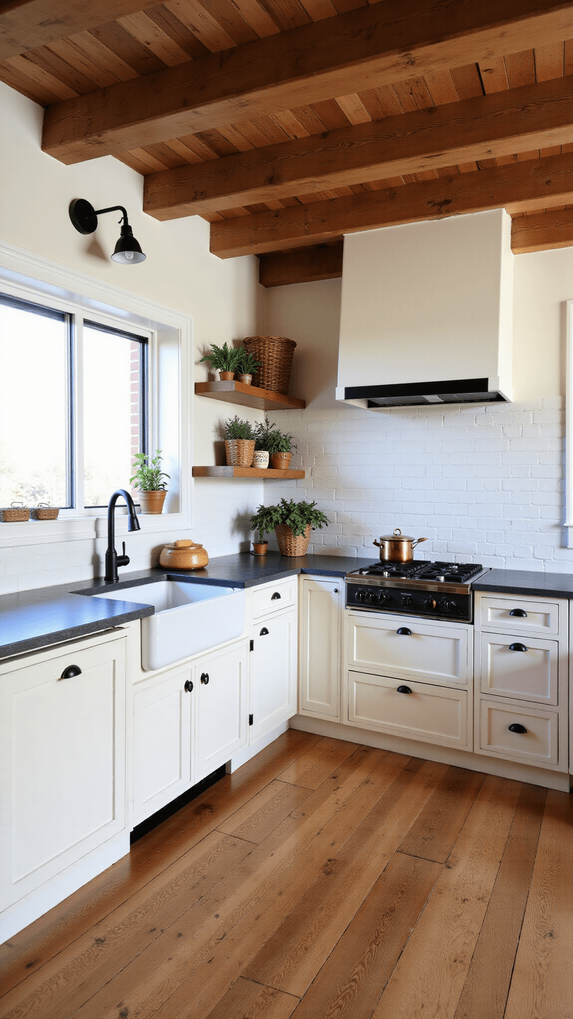 Overhead view of a cozy, sophisticated 22x14ft farmhouse-modern kitchen bathed in late afternoon light featuring exposed wooden beams, creamy off-white cabinets contrasting with soapstone counters, apron sink, industrial sconces, reclaimed wood floating shelves filled with woven baskets and copper cookware, and wide-plank pine flooring.