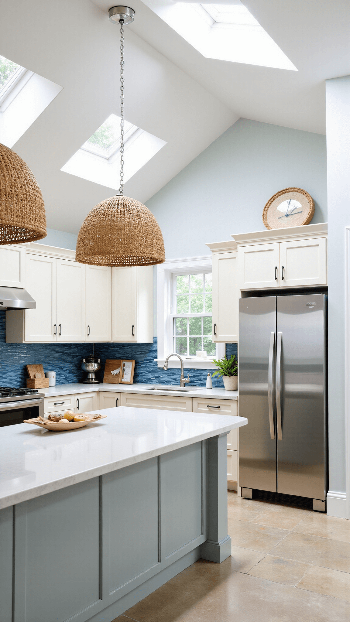 Airy, elegant contemporary coastal kitchen with vaulted ceiling, off-white cabinets, quartz countertops, blue glass tile backsplash, driftwood-toned island, rattan pendant lights, polished chrome hardware, marine-inspired decor, and limestone flooring bathed in diffused midday light from skylights.