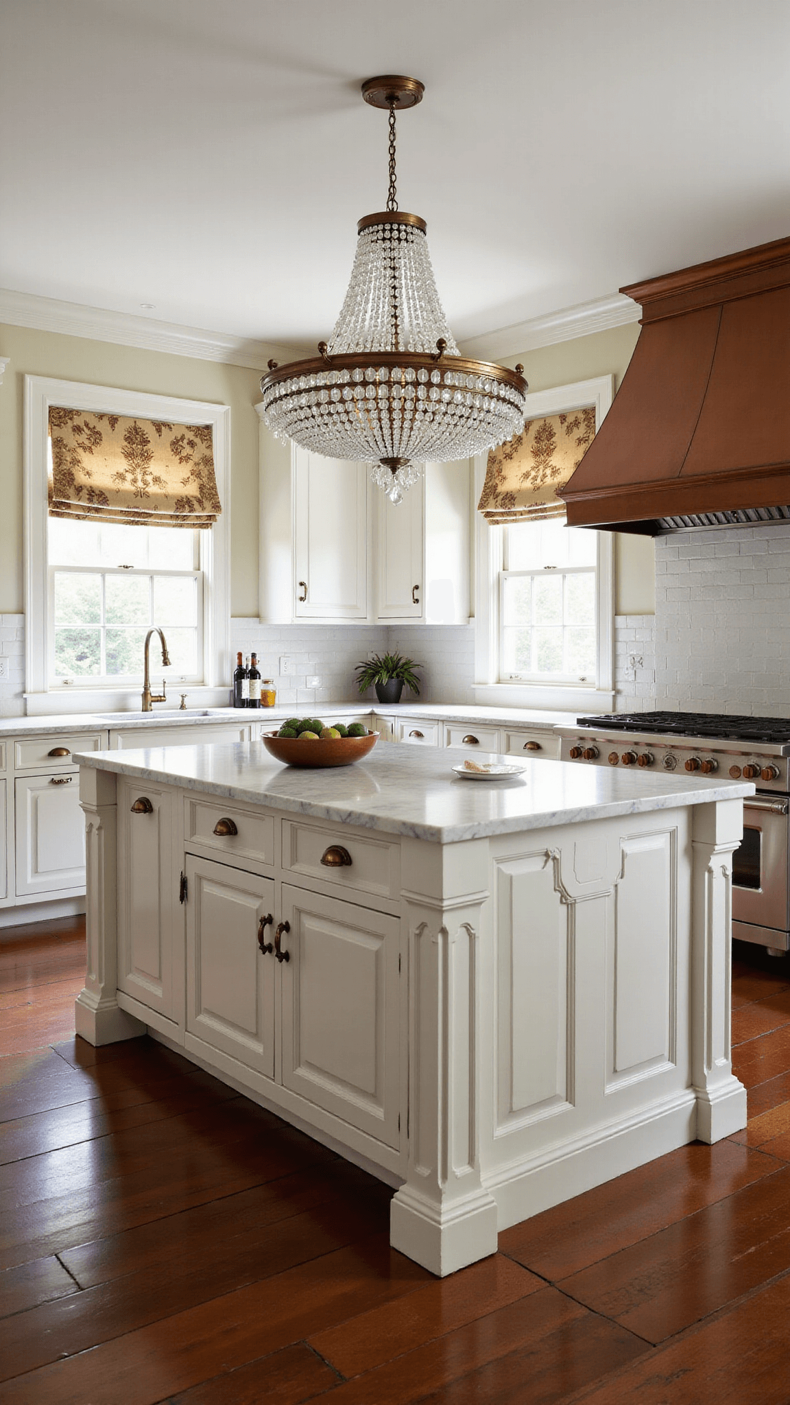 Low angle view of a luxurious French provincial kitchen with off-white antique cabinets, Carrara marble surfaces, copper range hood, and a crystal chandelier. Features include herringbone brick flooring, antique brass hardware, and toile roman shades in soft early morning light.