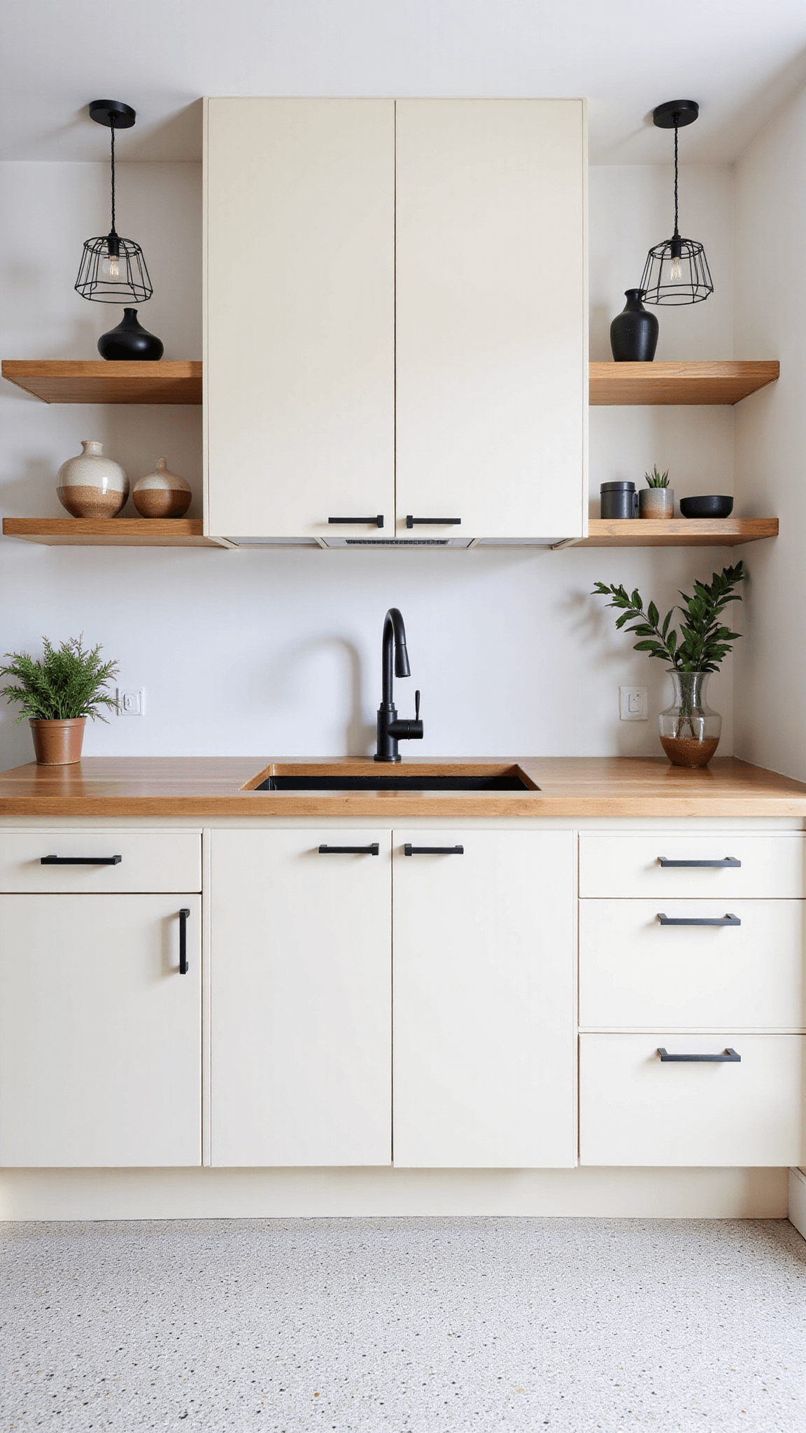 Minimalist Scandinavian kitchen with warm off-white cabinets, light wooden countertops, matte black fixtures, open shelves, geometric pendant lights, terrazzo flooring, ceramic vessels, and potted herbs bathed in soft northern light