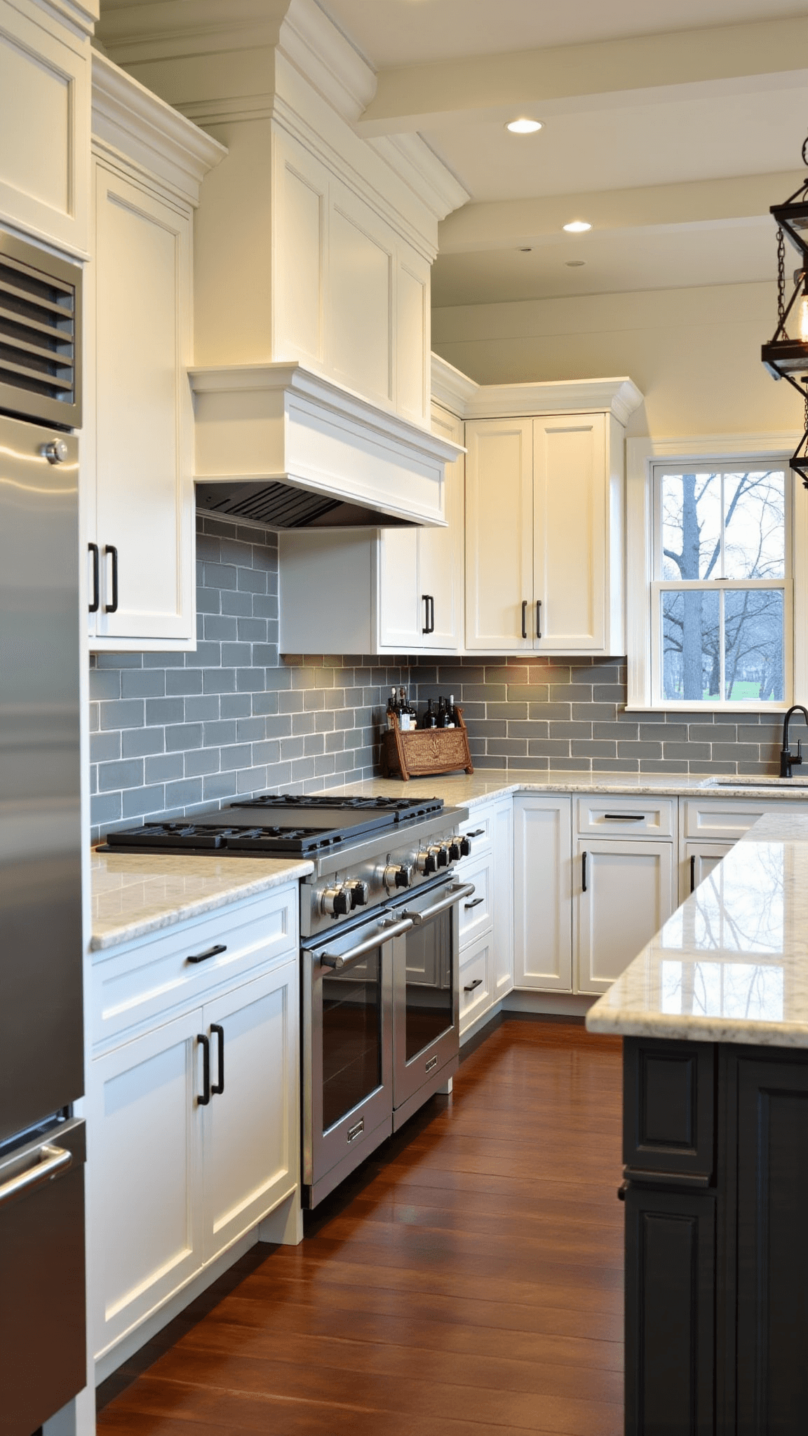 Refined, elegant traditional-modern kitchen with cloud white cream cabinets, leathered quartzite counters, polished nickel hardware, and gray glass subway tile under dusk lighting. Features include a coffered ceiling, lantern pendants, a basketweave marble floor, built-in wine storage, and ambient evening lighting casting task highlights.