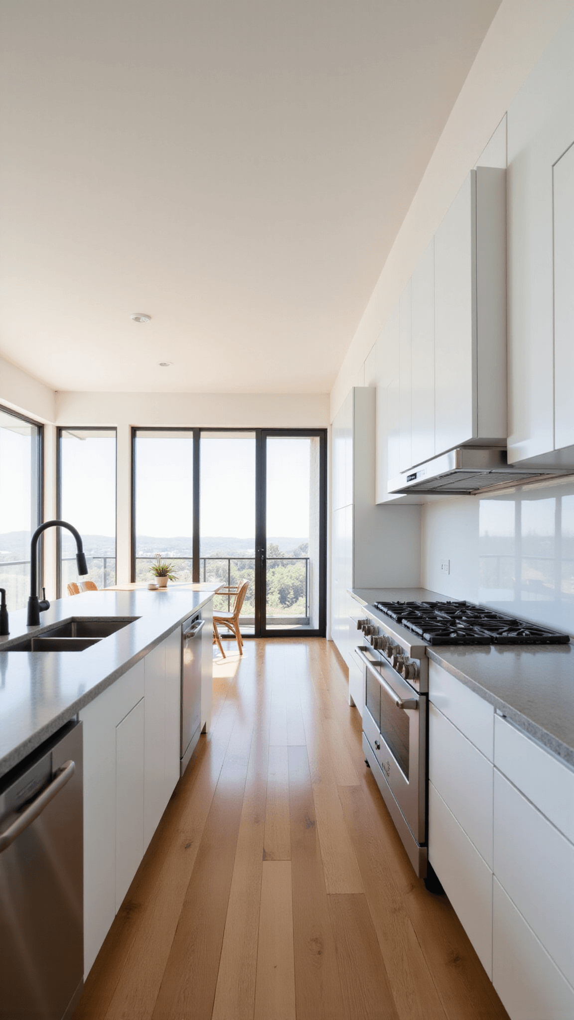 Modern minimalist kitchen with high ceilings, floor-to-ceiling windows, white cabinets, dove grey quartz countertops and stainless steel appliances in morning sunlight