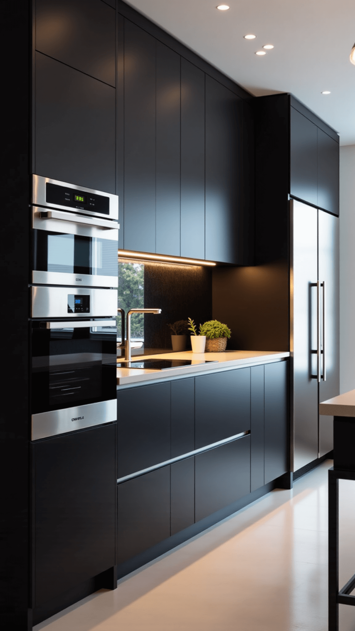 Spacious contemporary kitchen with high-gloss graphite cabinets, LED illuminated channels, glass pendant lights over a large island, and integrated ultra-modern appliances in evening lighting.