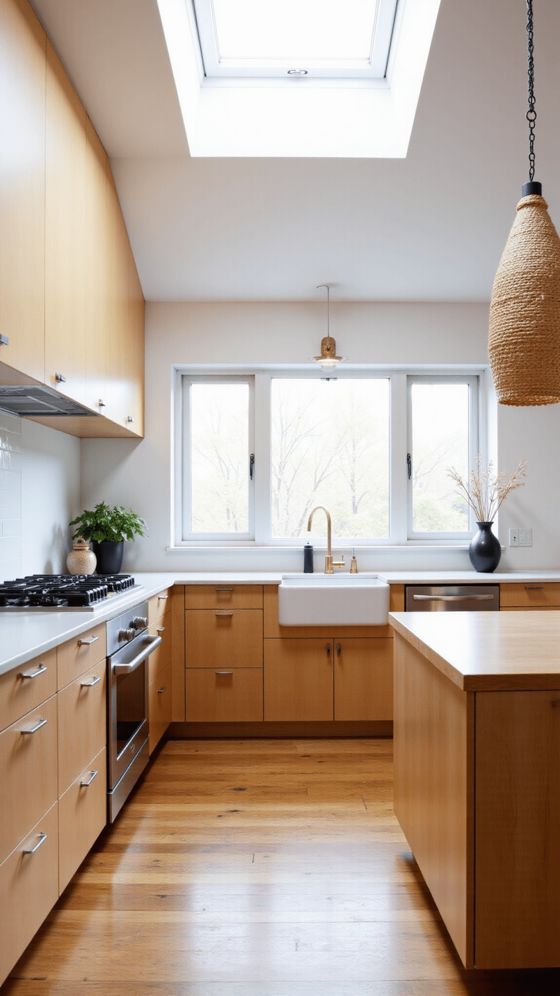 Spacious Scandinavian-inspired kitchen with natural skylight, handleless maple cabinets, wooden flooring, woven pendants and ceramic vessels, shot in afternoon soft light