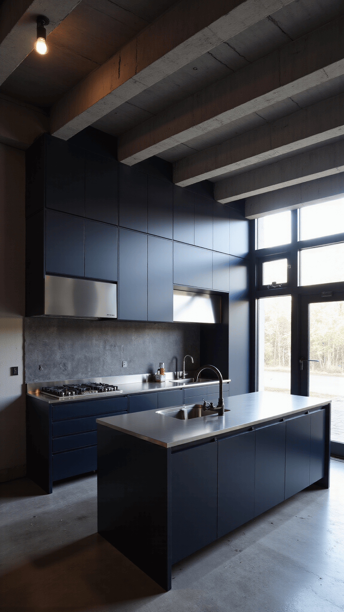 Moody and modern industrial kitchen with double-height ceiling, navy handleless cabinets, brushed steel accents, and afternoon shadows