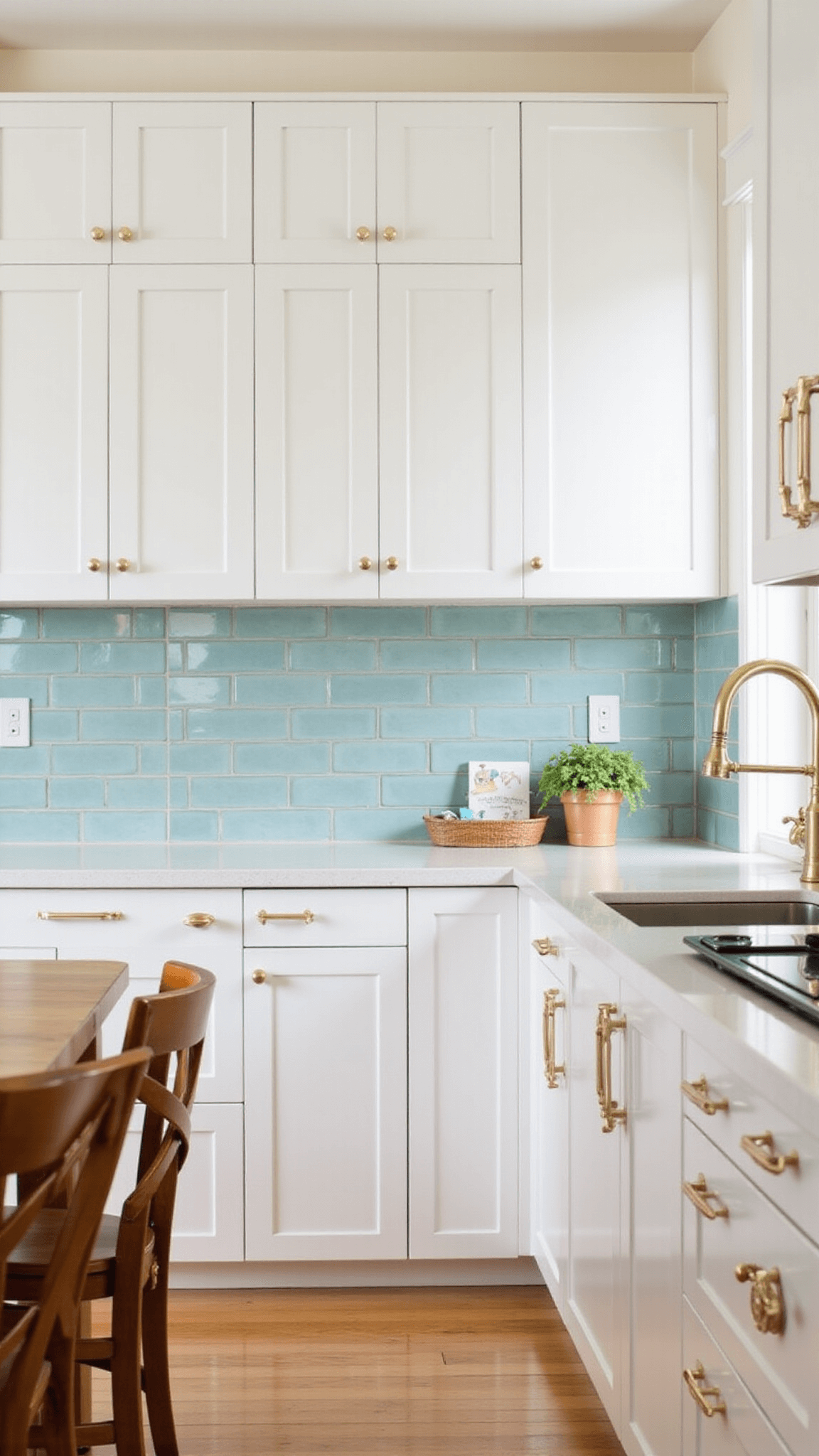 Sun-drenched contemporary coastal kitchen with white laminate cabinets, pale blue backsplash tiles, brass fixtures, and natural rattan accents, shot during golden hour with a soft background blur