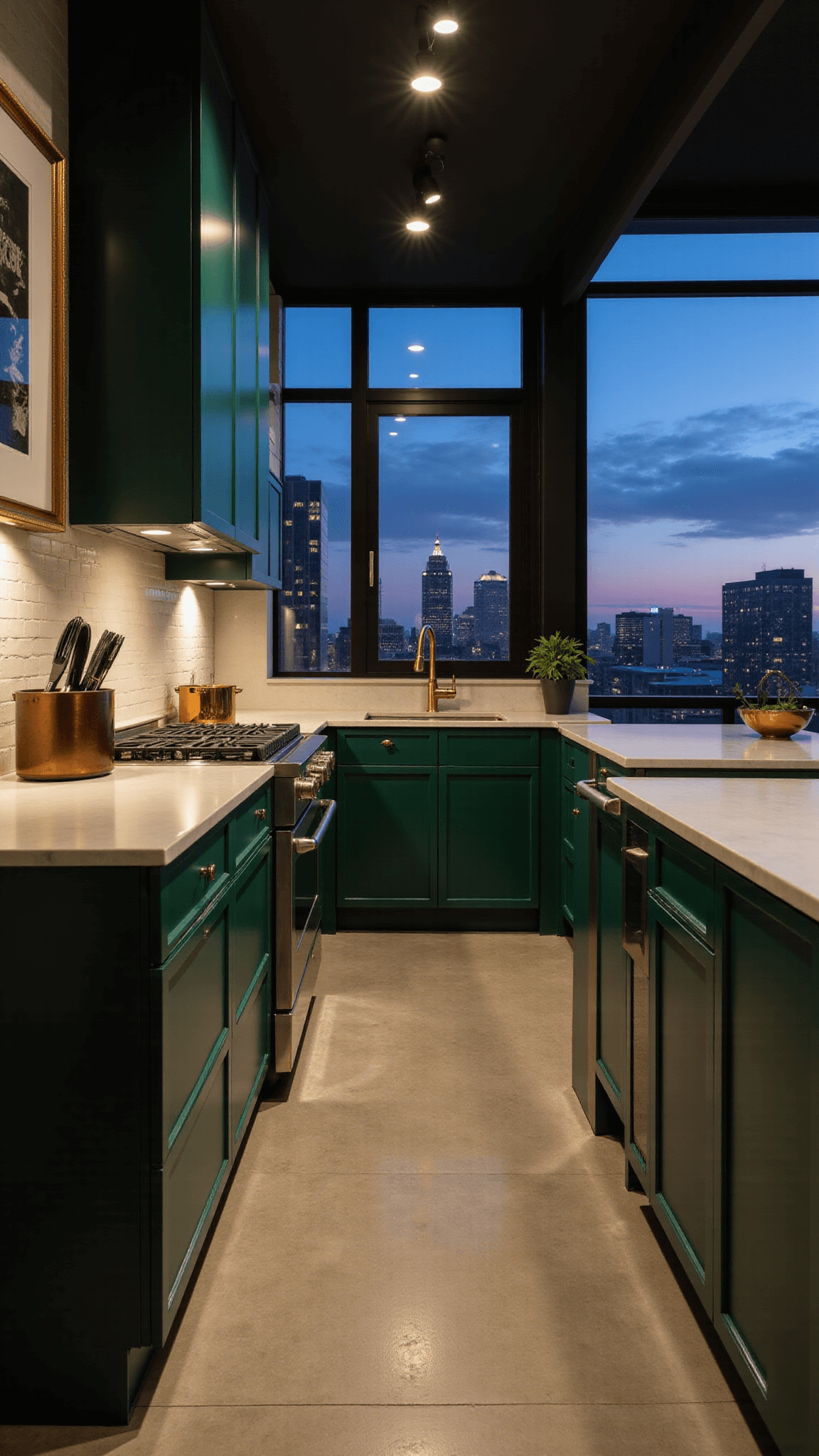 Sophisticated urban luxe kitchen in deep emerald green with metallic finishes, under dramatic overhead lighting and a view of the dusk cityscape through a wall window