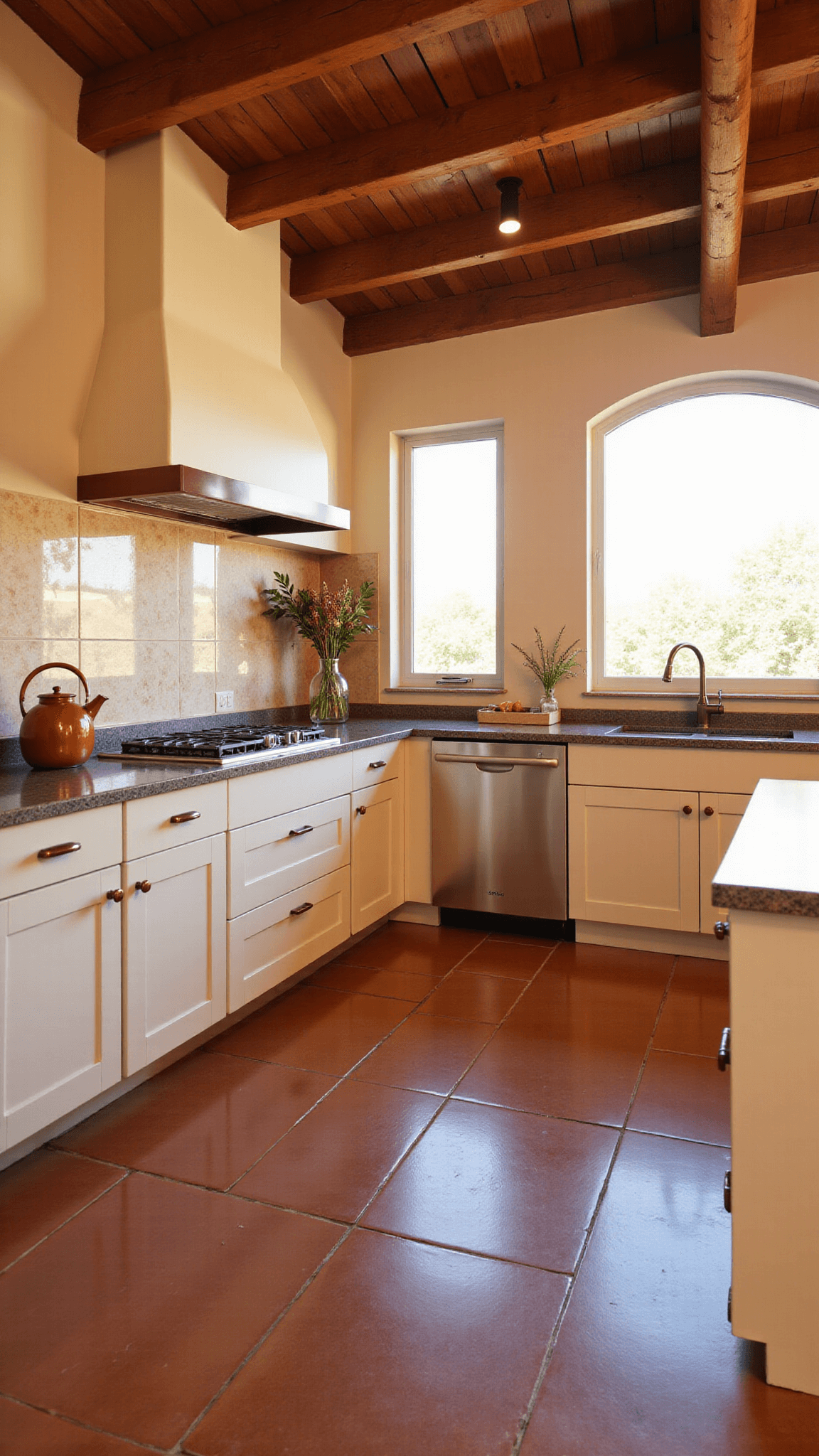 Mediterranean style modern kitchen with cream handleless cabinets, terracotta floor tiles, wooden beams, copper accents, and arched window at sunset
