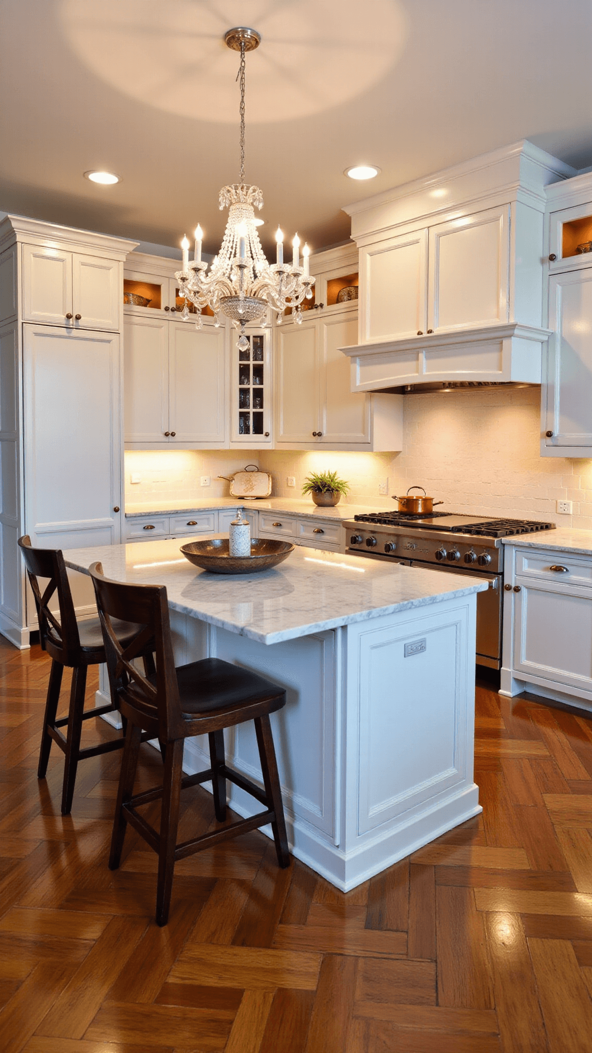 Elegant BODBYN traditional kitchen featuring off-white cabinets, glass-front upper units, a crystal chandelier over a marble-topped island, herringbone wooden floors, copper cookware, and a classic subway tile backsplash.