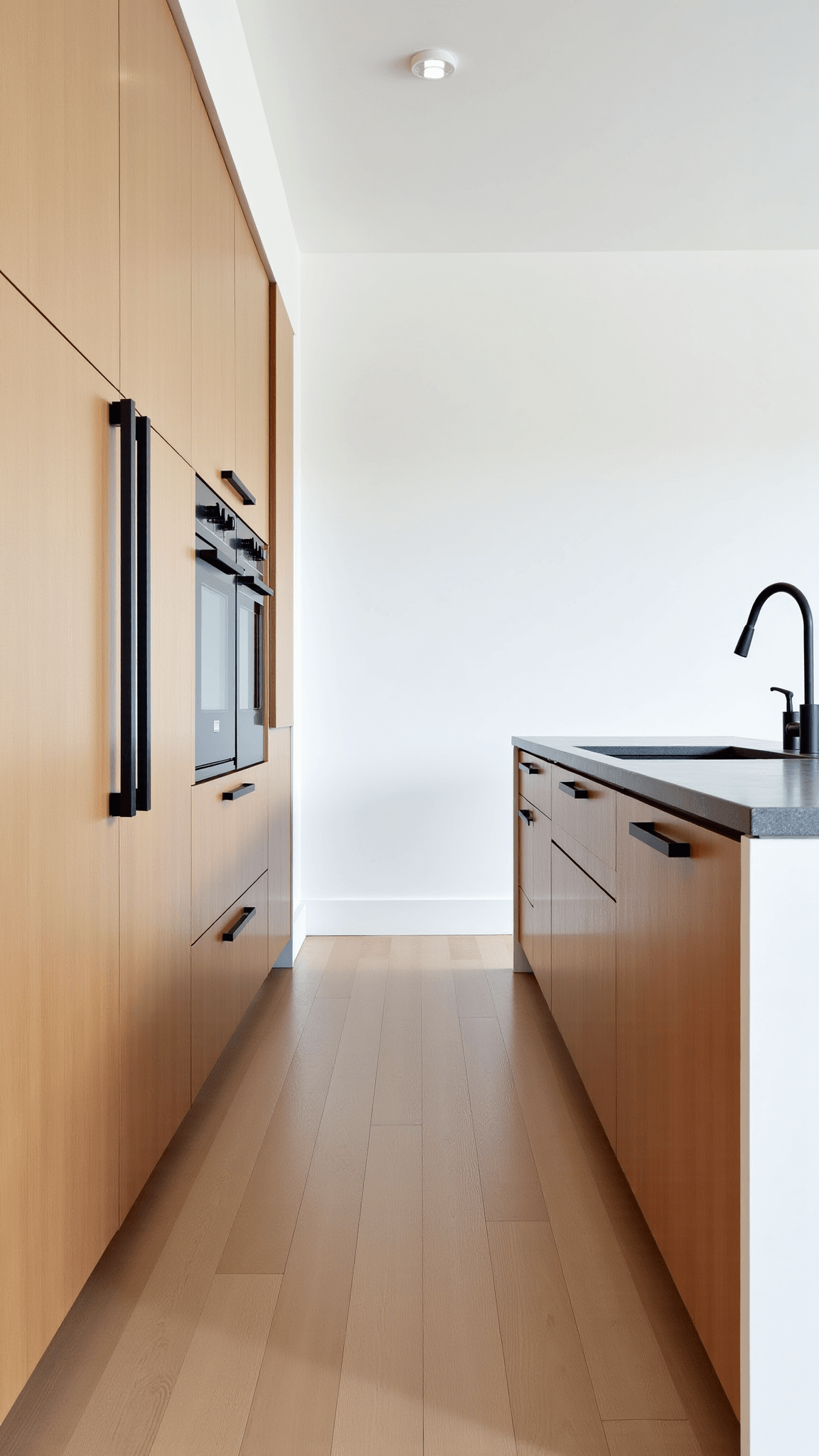 Bright, minimalist Scandinavian kitchen featuring ASKERSUND light ash cabinets, concrete countertops, white oak flooring, and matte black hardware in a 14x16ft space.