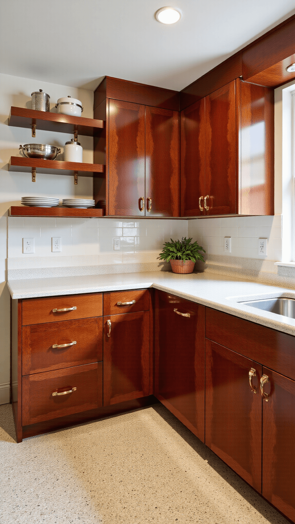 Mid-century modern kitchen with cherry wood cabinets, brass inlay details, floating shelves, and terrazzo flooring, bathed in natural light from floor-to-ceiling windows.