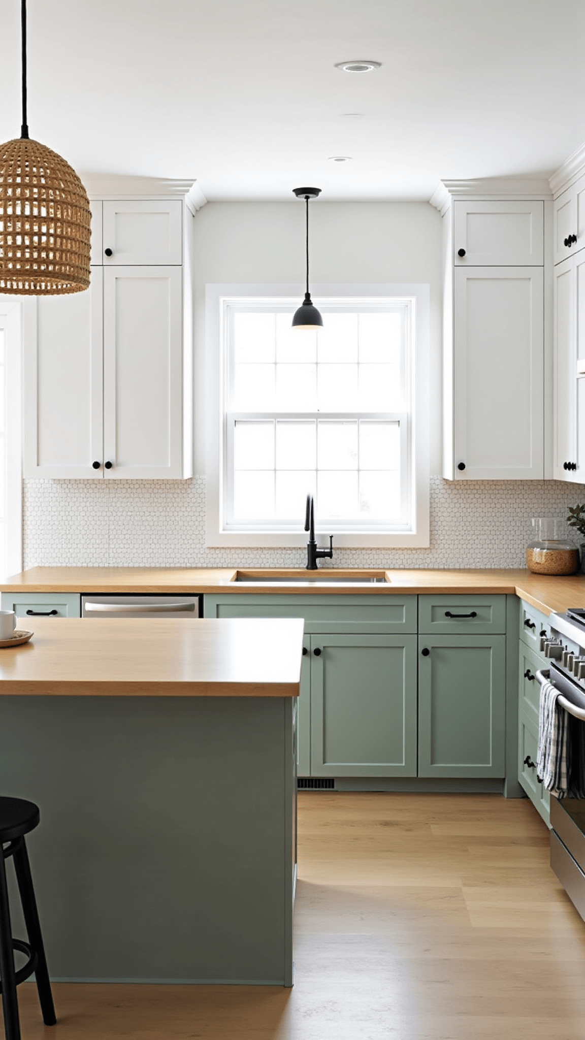 Scandinavian-style kitchen with sage green and white cabinets, light oak countertops, and white tile backsplash illuminated by woven pendant lights. Features a picture window and natural light emphasizing textural contrasts.