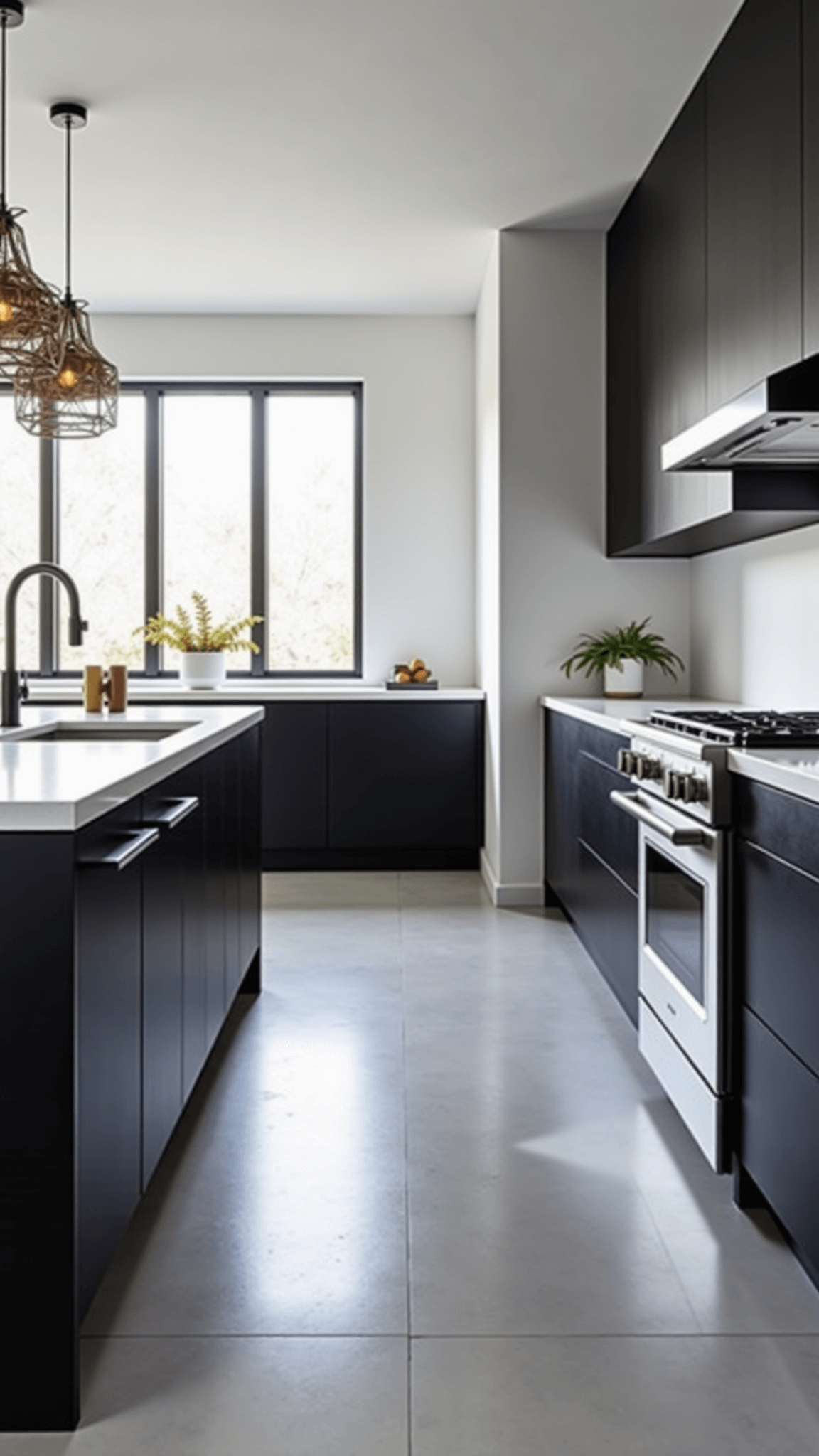 Modern minimalist kitchen with matte black cabinets, white quartz island, stainless steel appliances and floor-to-ceiling windows letting in morning sunlight.