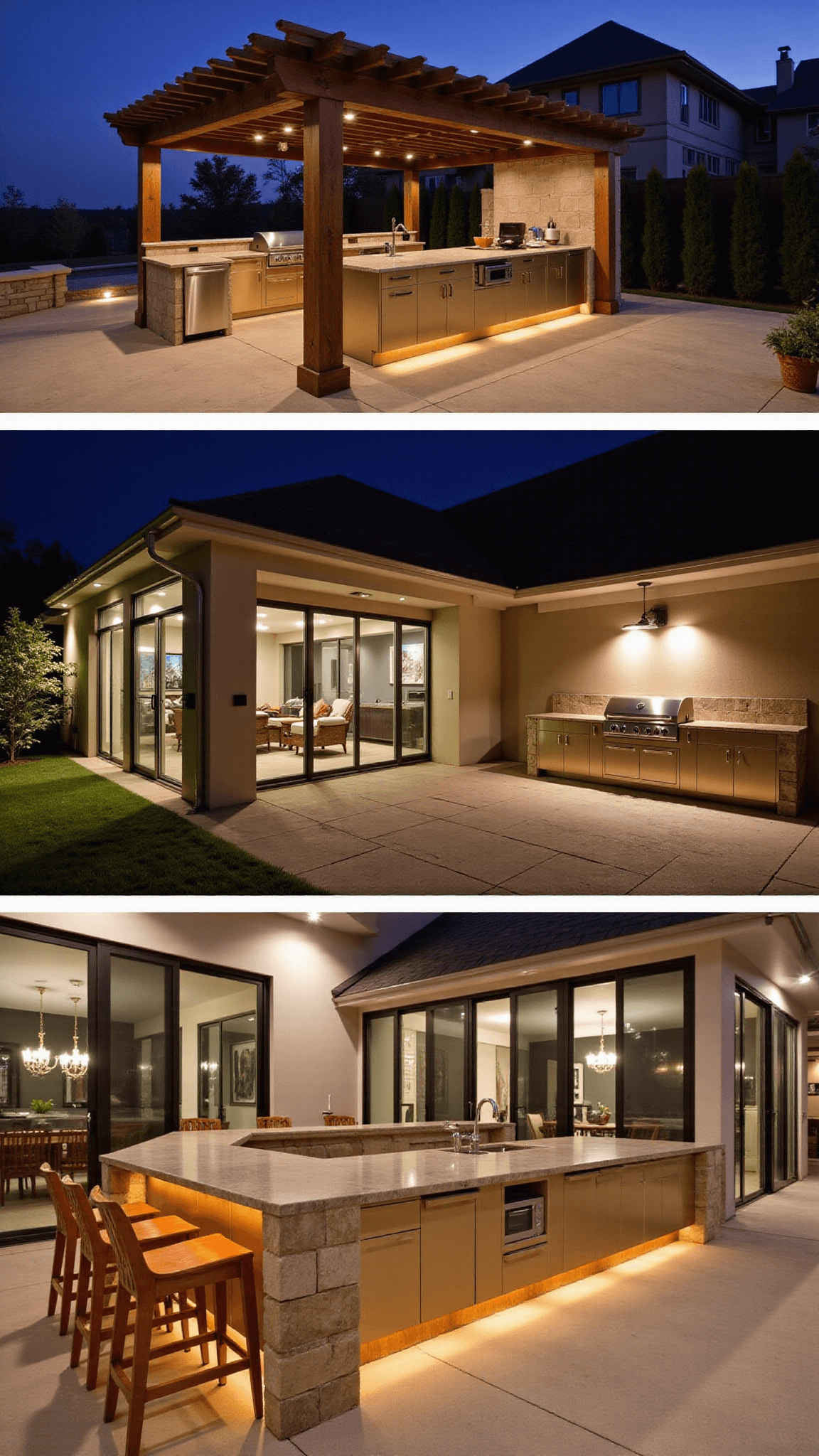 Twilight view of an outdoor kitchen seamlessly connected to the home interior via sliding glass doors, featuring champagne-colored aluminum cabinets with warm LED lighting, built-in grill station under a pergola, and waterfall-edged natural stone countertops with teakwood bar stools.