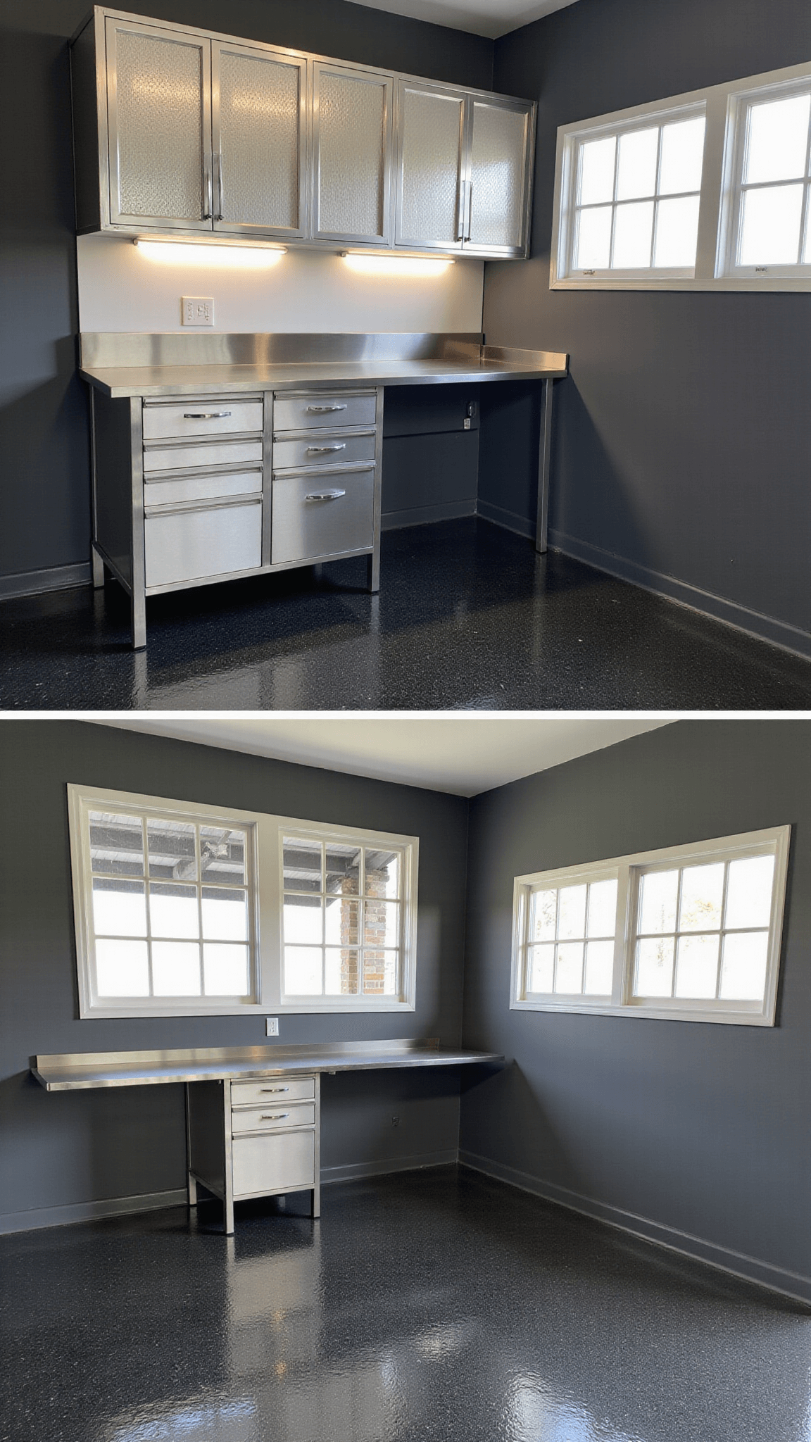 High-end 10x12ft garage workspace painted in dark gray with white trim, featuring silver aluminum cabinets, stainless steel workbench, glossy charcoal epoxy floor, and LED panel lighting, shot from corner during mid-afternoon with controlled artificial lighting.