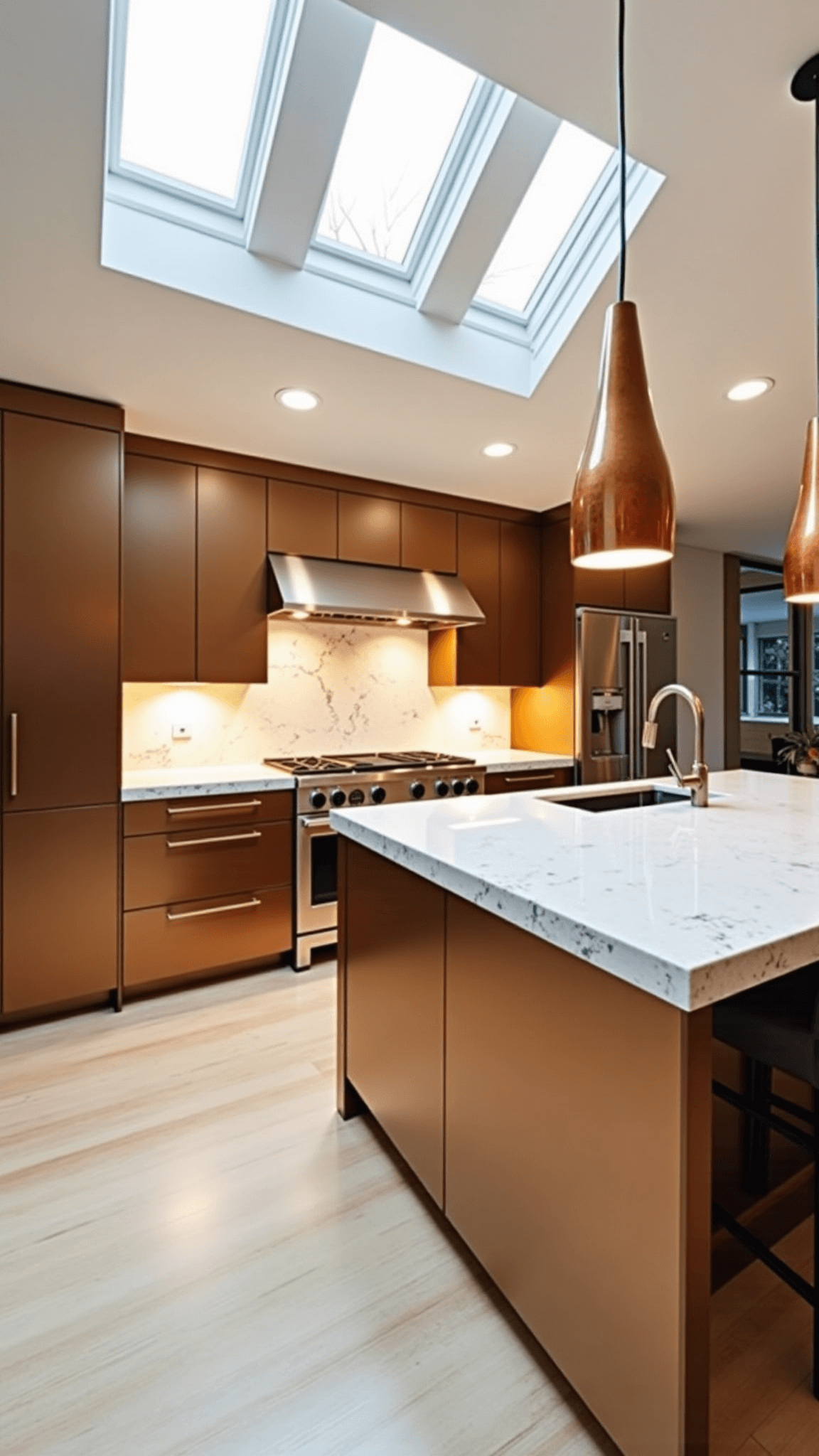 Spacious Luxe Modern Kitchen featuring metallic bronze cabinets, marble-look quartz backsplash, skylights, oversized island with waterfall edges, and copper pendant lights