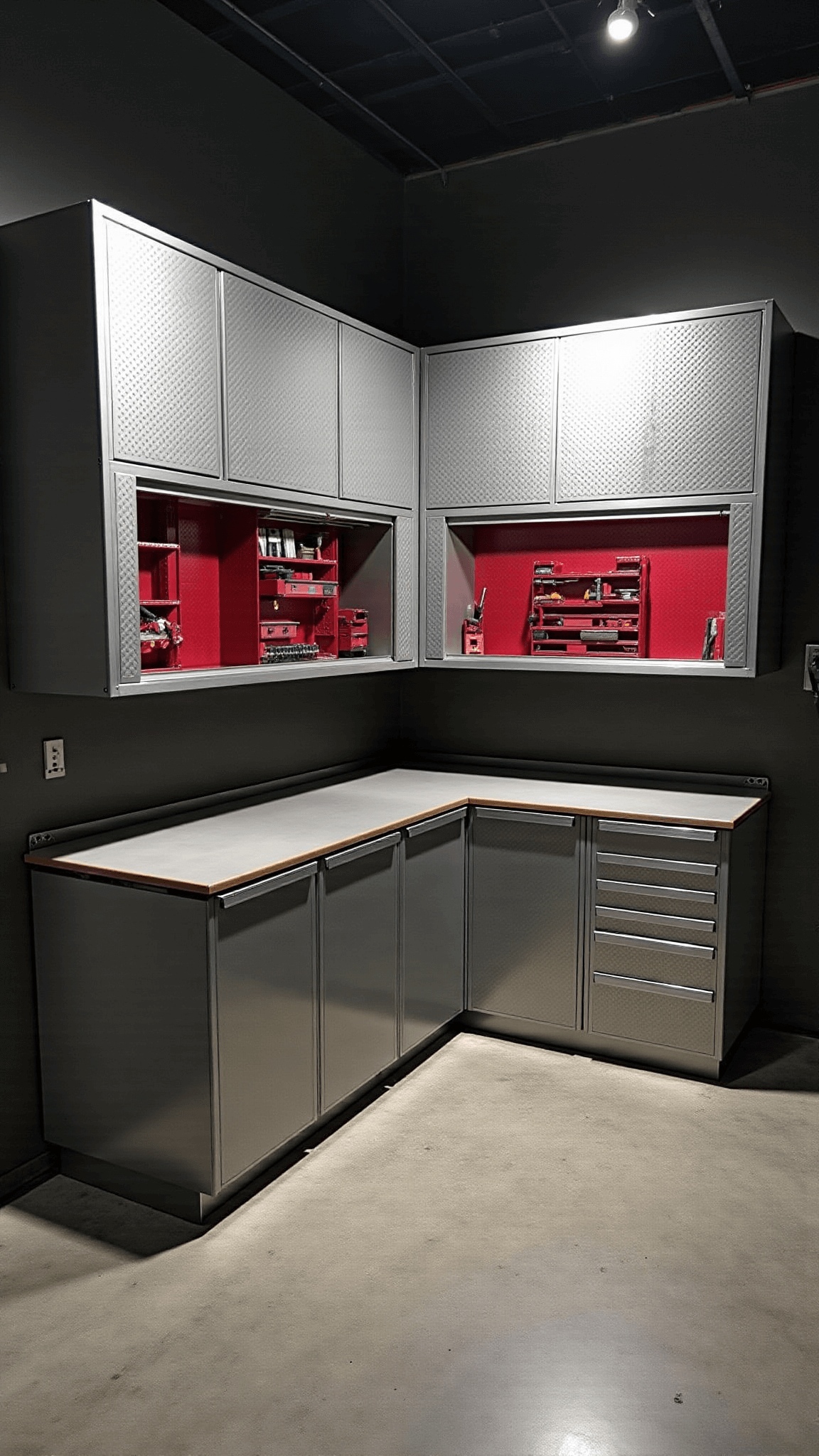 Evening shot of a 15x18ft industrial designer workshop with graphite aluminum cabinets, polished concrete floors and LED track lighting. Red accent pieces are scattered around the room. Low camera angle emphasizes ceiling height and metallic surfaces.