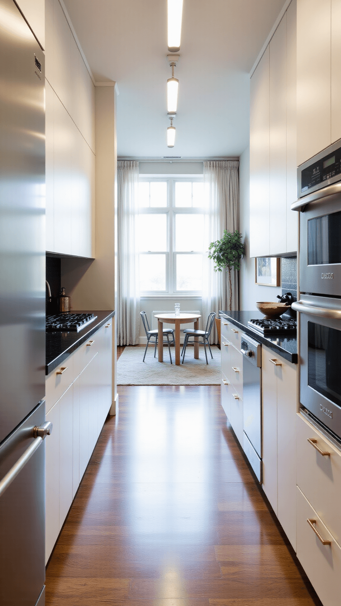 Modern 8x16ft galley kitchen with pearl white aluminum cabinets reaching 9ft ceilings, black granite countertops, integrated appliances, professional lighting, linear pendant lights, and brushed brass hardware, illuminated by afternoon light.