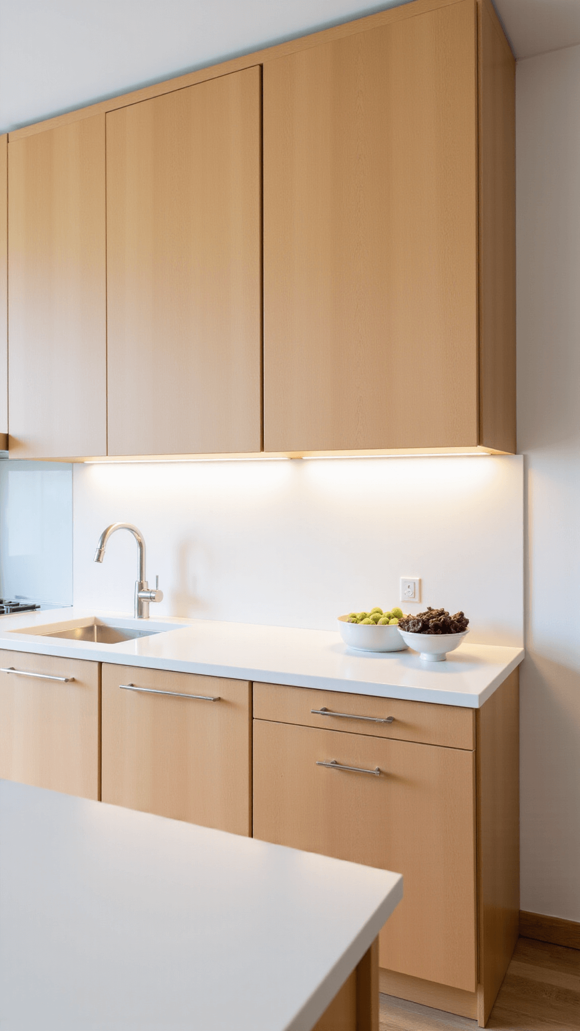 Minimalist kitchen with light-stained cherry wood cabinets, white counters and backsplash, illuminated by hidden LED lighting and diffused morning light.